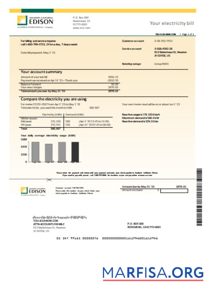 Printable Southern California Edison utility business bill SCR download for verification